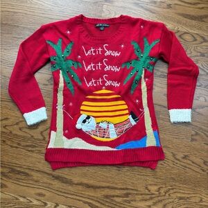 Festive Red Sweater with Palm Tree Design